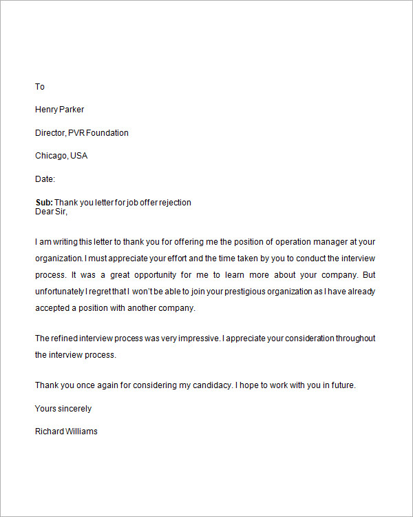 job rejection thank you letter