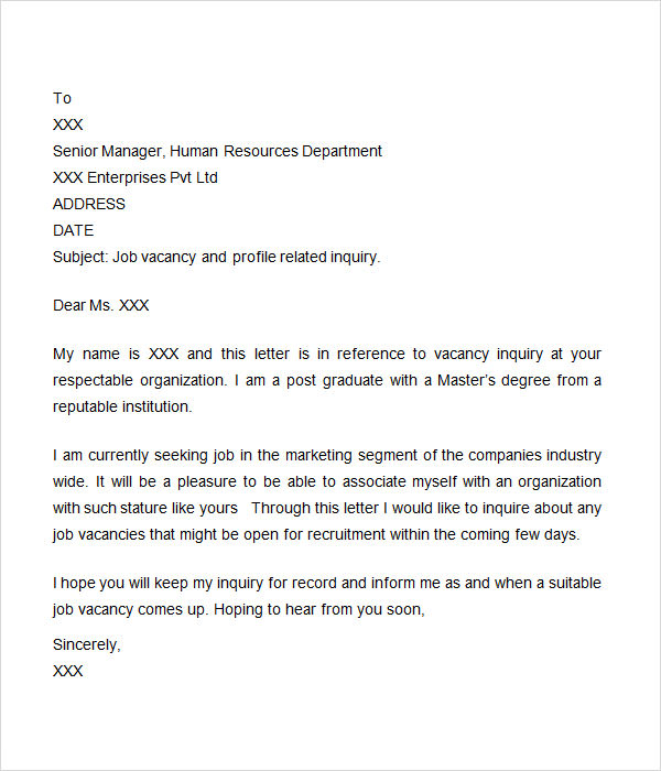 general job inquiry cover letter