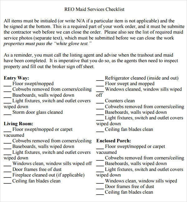 maid service checklist template