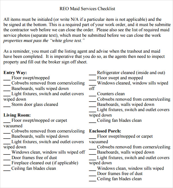 checklist for housekeeper