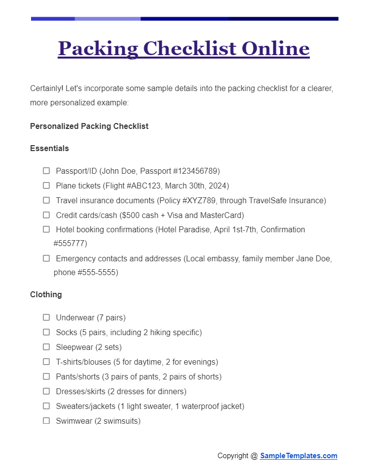 packing checklists online