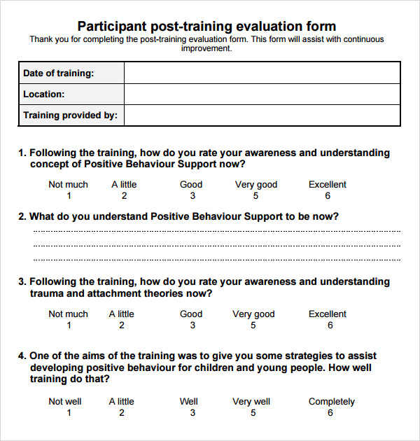 participant post training evaluation form template