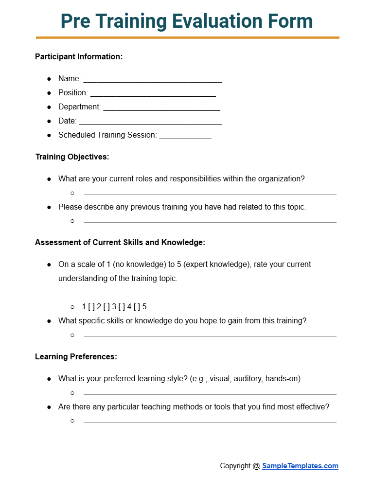 pre training evaluation form