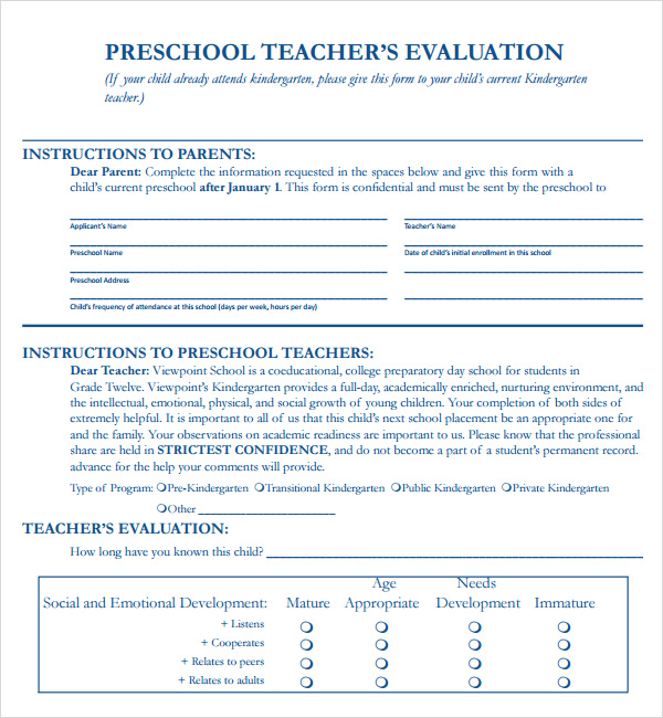 FREE 7 Sample Teacher Evaluation Forms In PDF   Preschool Teacher Evaluation Form 