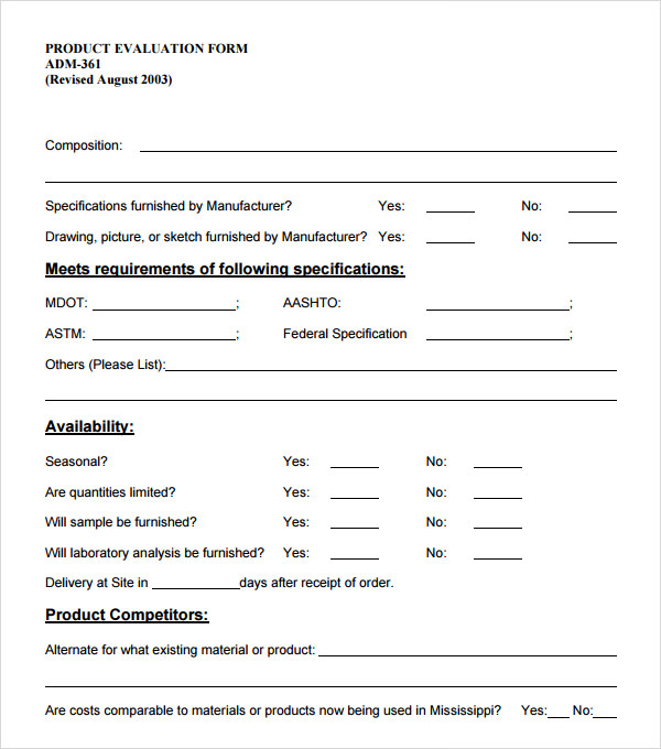 Sample products for evaluation