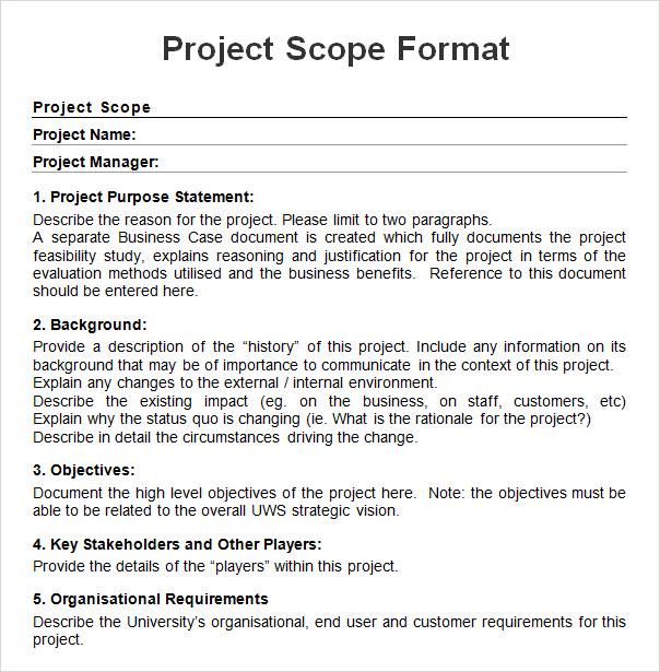 project scope sample format