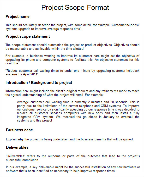 project scope sample word form free