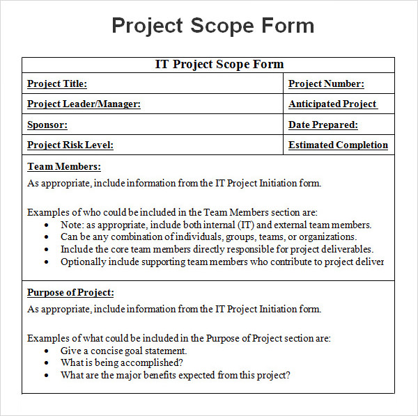 project scope word sample format download