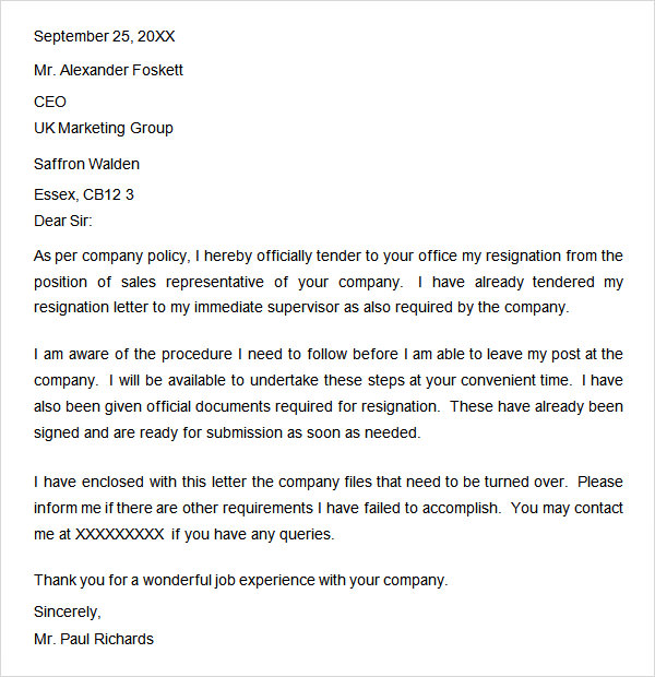 resignation letter