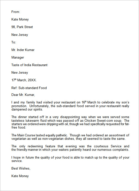 Sample Letter Of Complaint About Food