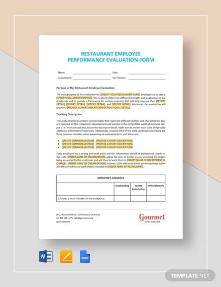 restaurant employee performance evaluation form template