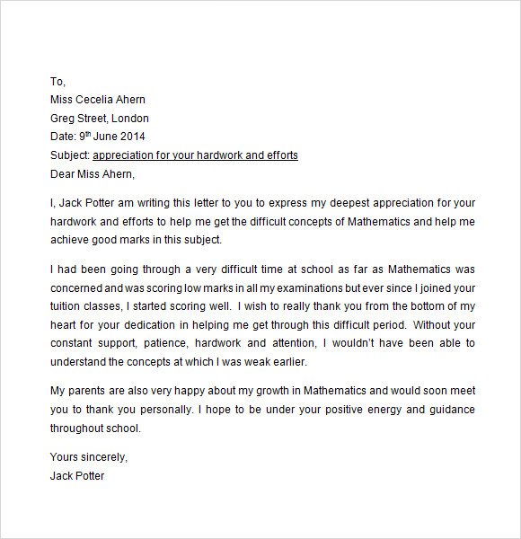 sample appreciation letter to a teacher
