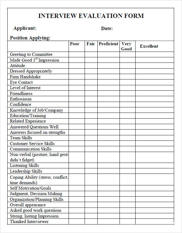 Job Interview Evaluation Comments Sample