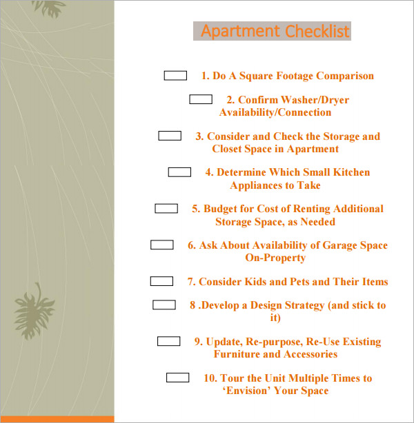 printable new apartment checklist