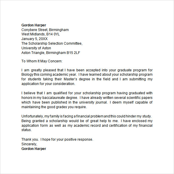 samples of application letter for scholarship