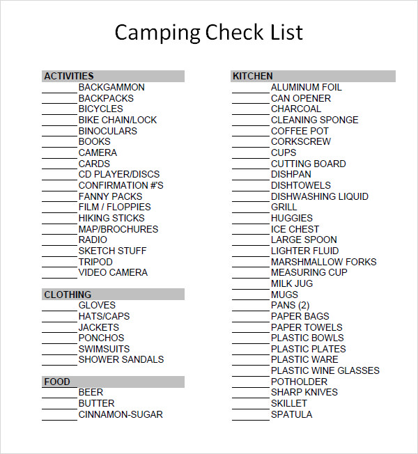 FREE 8 Camping Checklist Samples In Google Docs MS Word Pages PDF