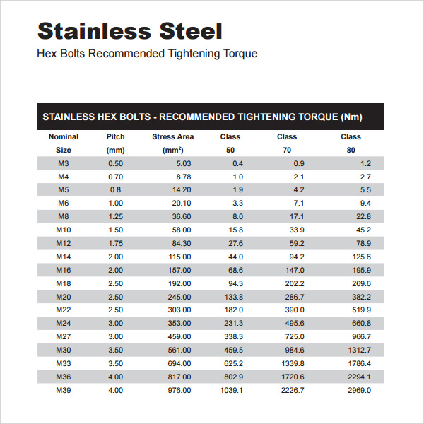 stainless steel bolt torque chart