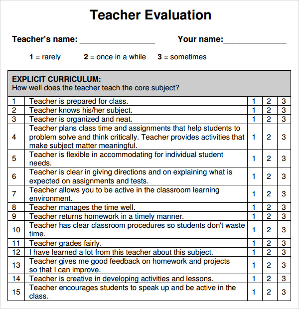 Teacher Evaluation - 8+ Free Download for Word , PDF