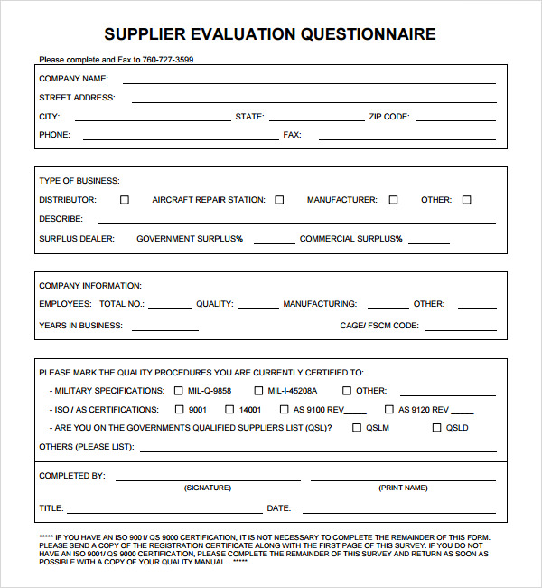supplier evaluation questionnaire