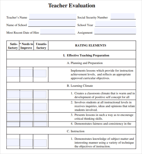 teacher evaluation form for students template
