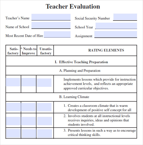 evaluation for teacher essay example