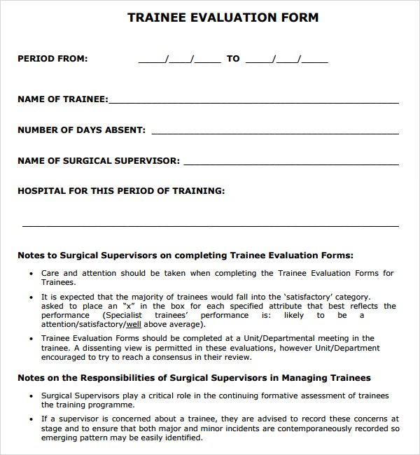 trainee evaluation form template