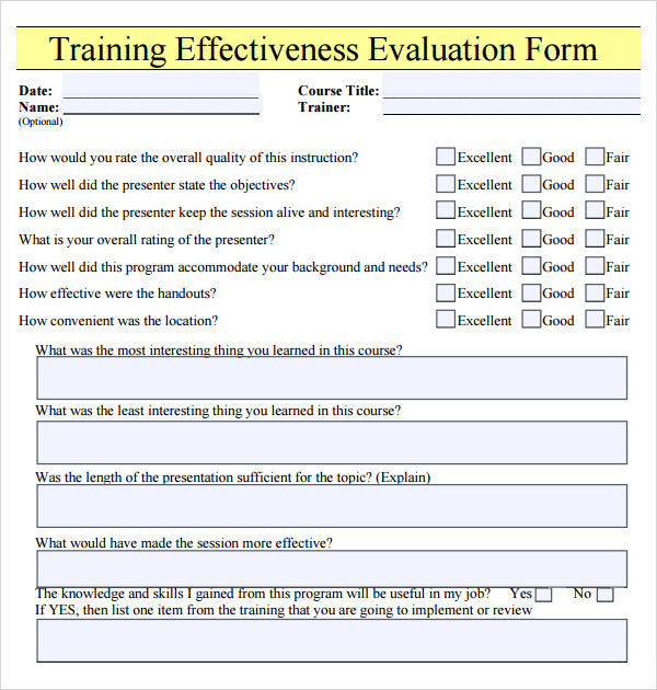 training effectiveness evaluation form