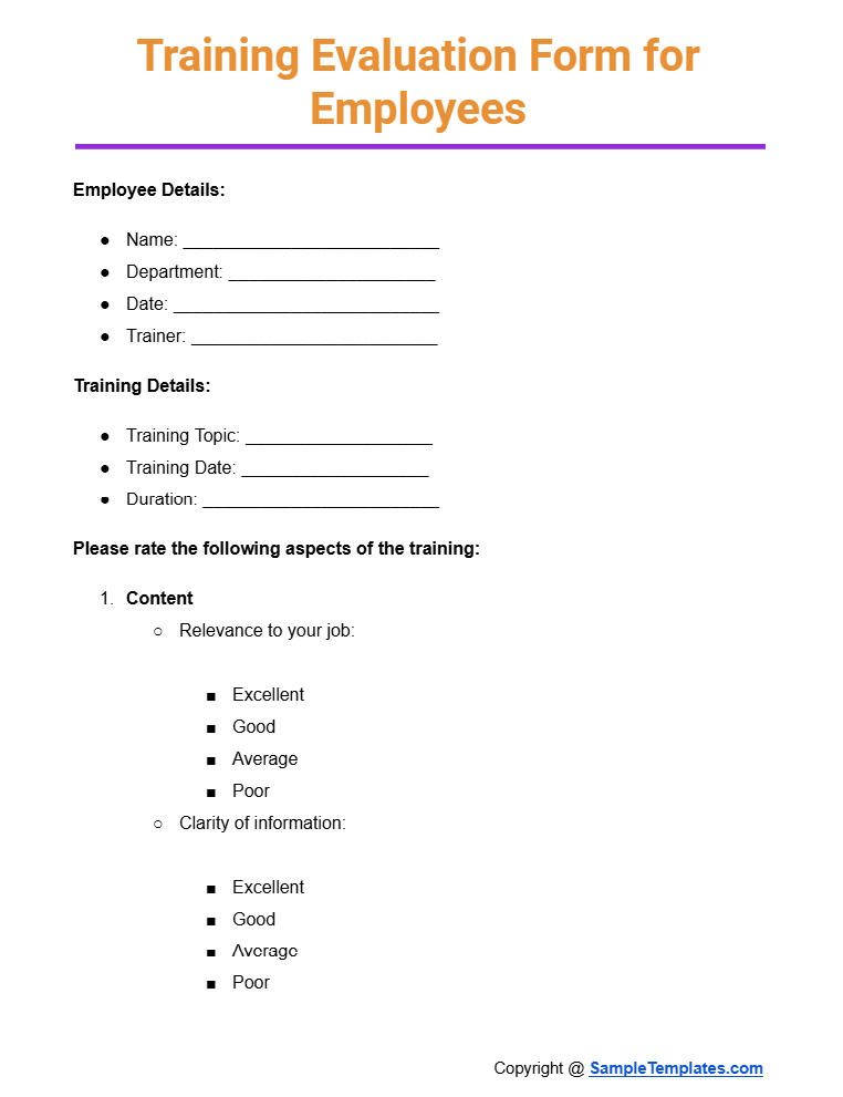 training evaluation form for employees