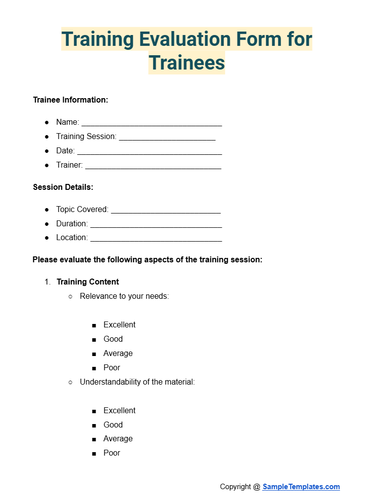 training evaluation form for trainees