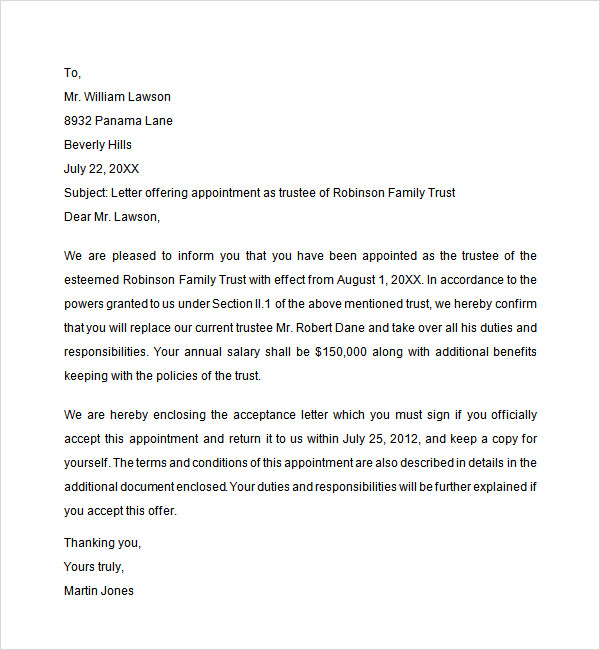 trustee appointment letter
