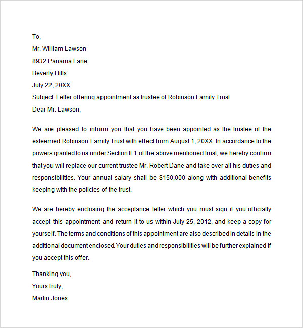 Trustee Appointment Letter