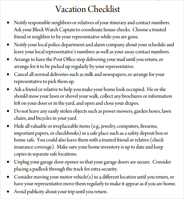vacation checklist template