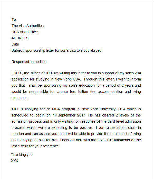 visa sponsorship letter
