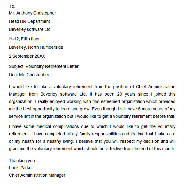 sample of application letter for retirement