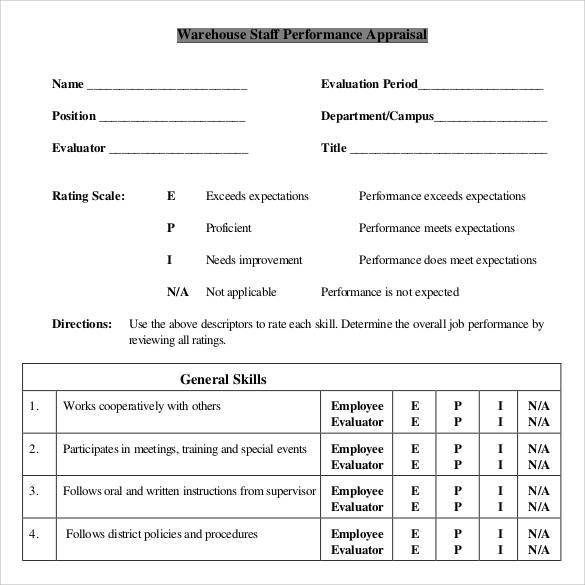 warehouse staff performance appraisal