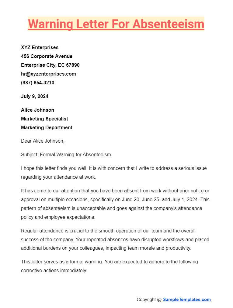 warning letter for absenteeism