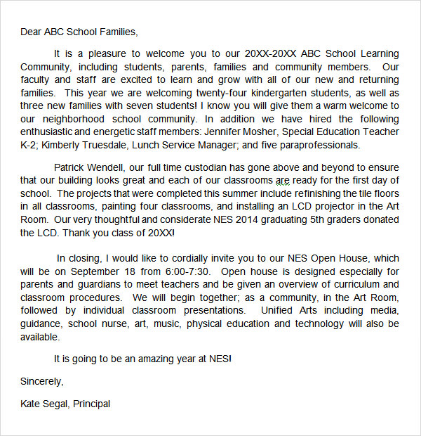 welcome letter to parents