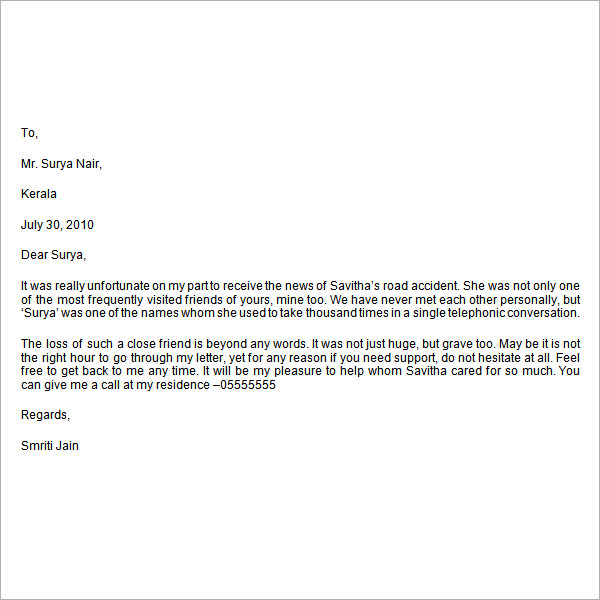 FREE 7+ Sample Useful Condolence Letter Templates in MS Word PDF