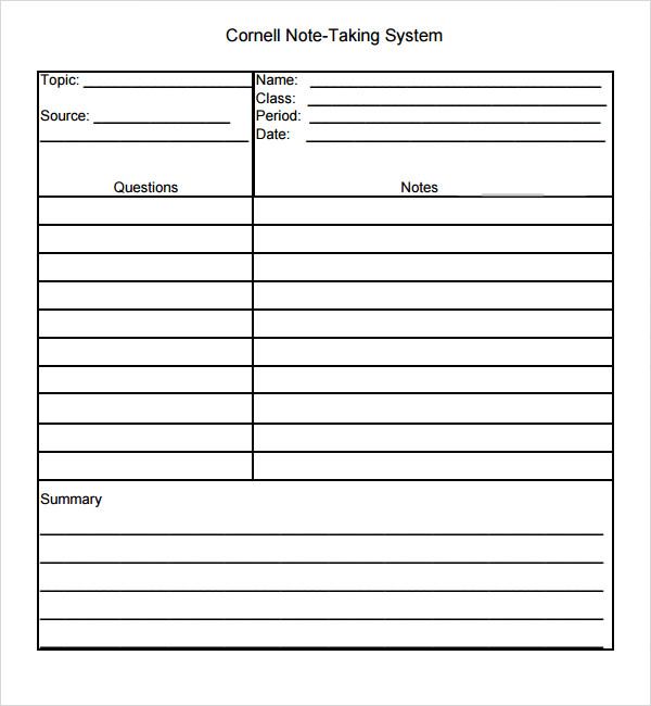 Cornell Note Taking Template Word