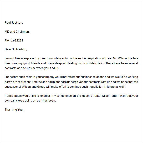 corporate condolence letter sample