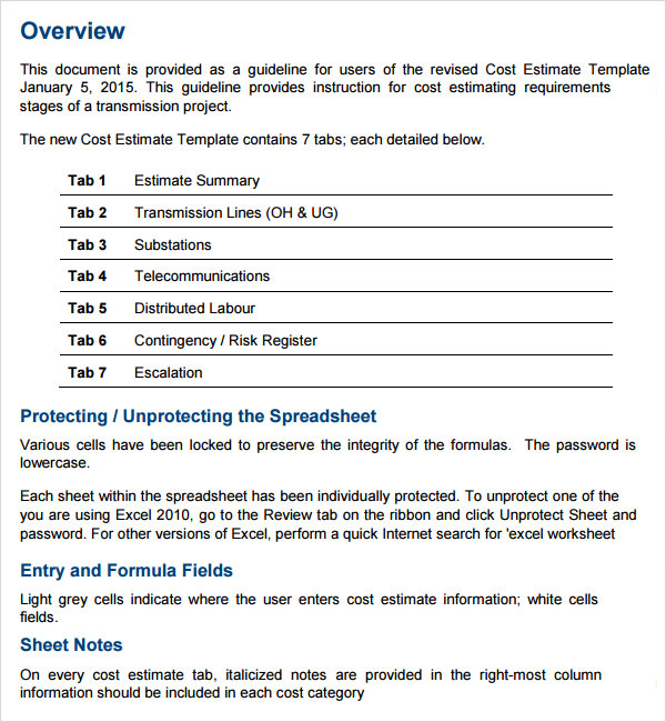 cost estimate template pdf