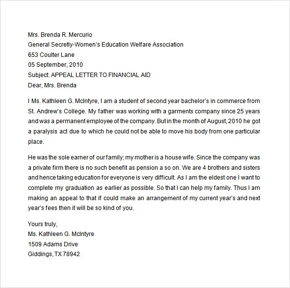 Cover letter examples financial aid