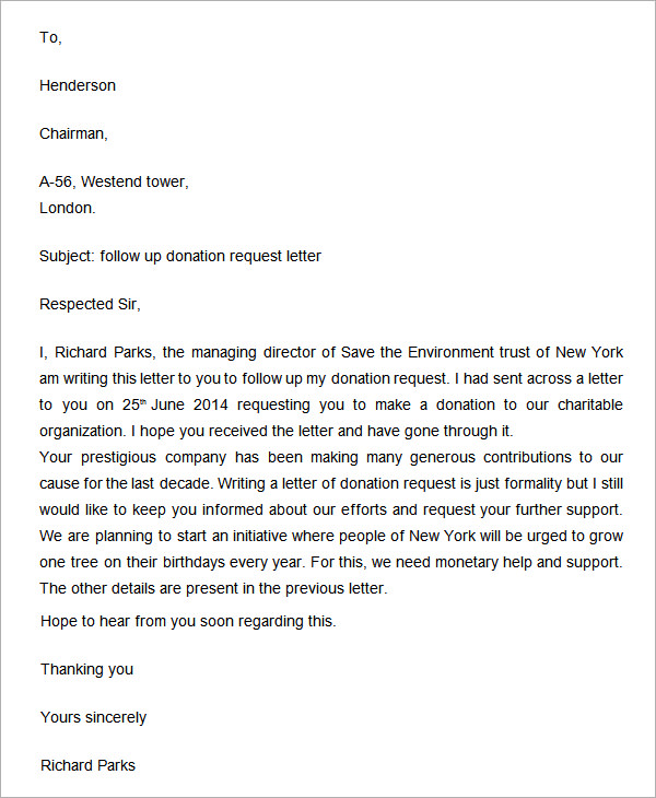 follow up donation request letter