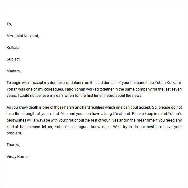 general condolence letter sample