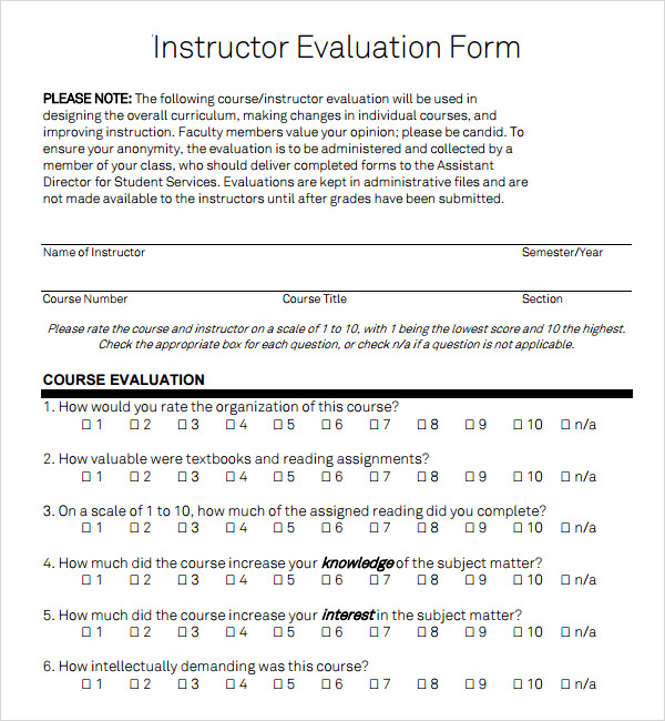 8 Sample Instructor Evaluation Form Templates | Sample Templates