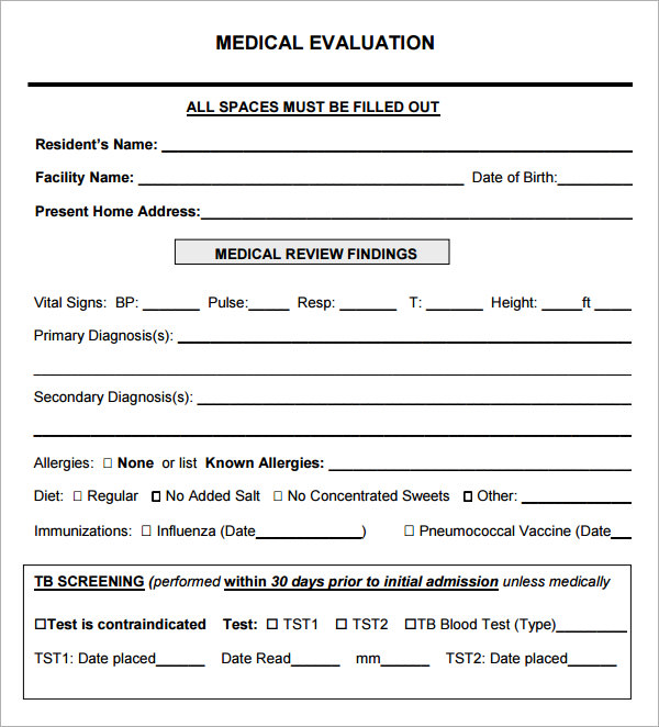 medical evaluation form template