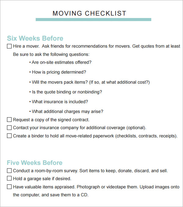 moving checklist format