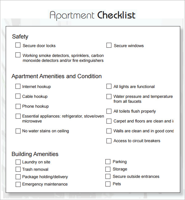 5 New Apartment Checklist Samples Sample Templates   New Apartment Furniture Checklist 