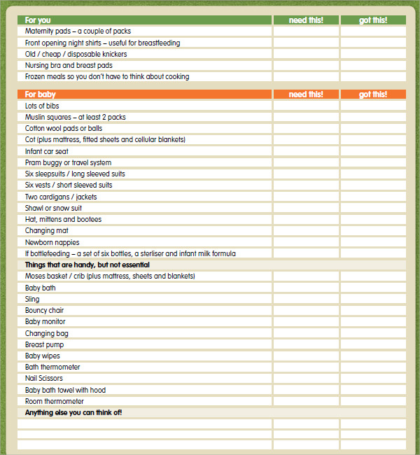 newborn baby checklist