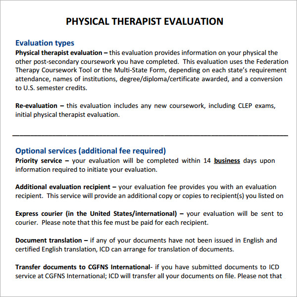 physical therapy evaluation form